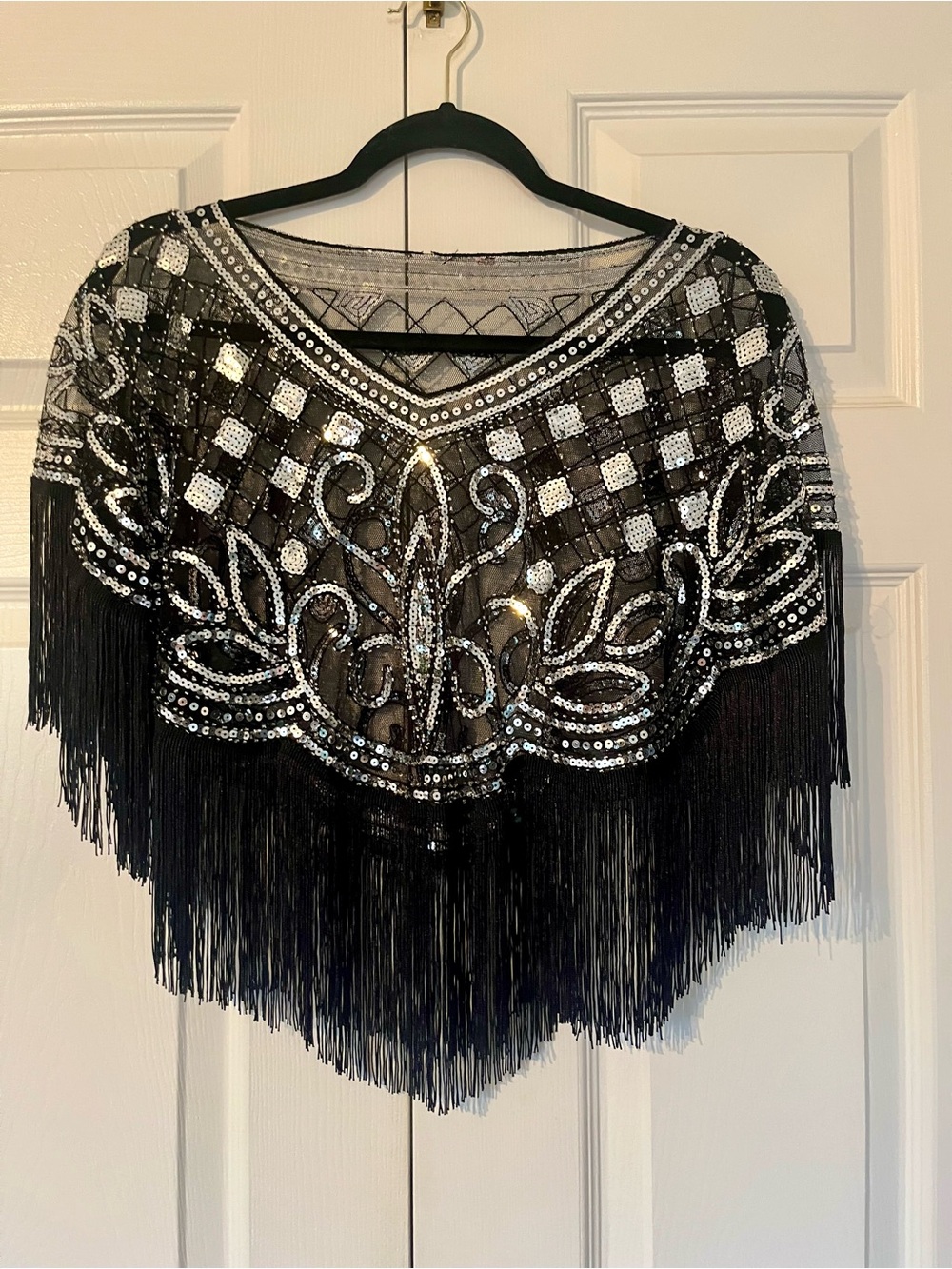 Black Silver Sequin Fringe Beaded Gatsby Flapper Cape Shawl